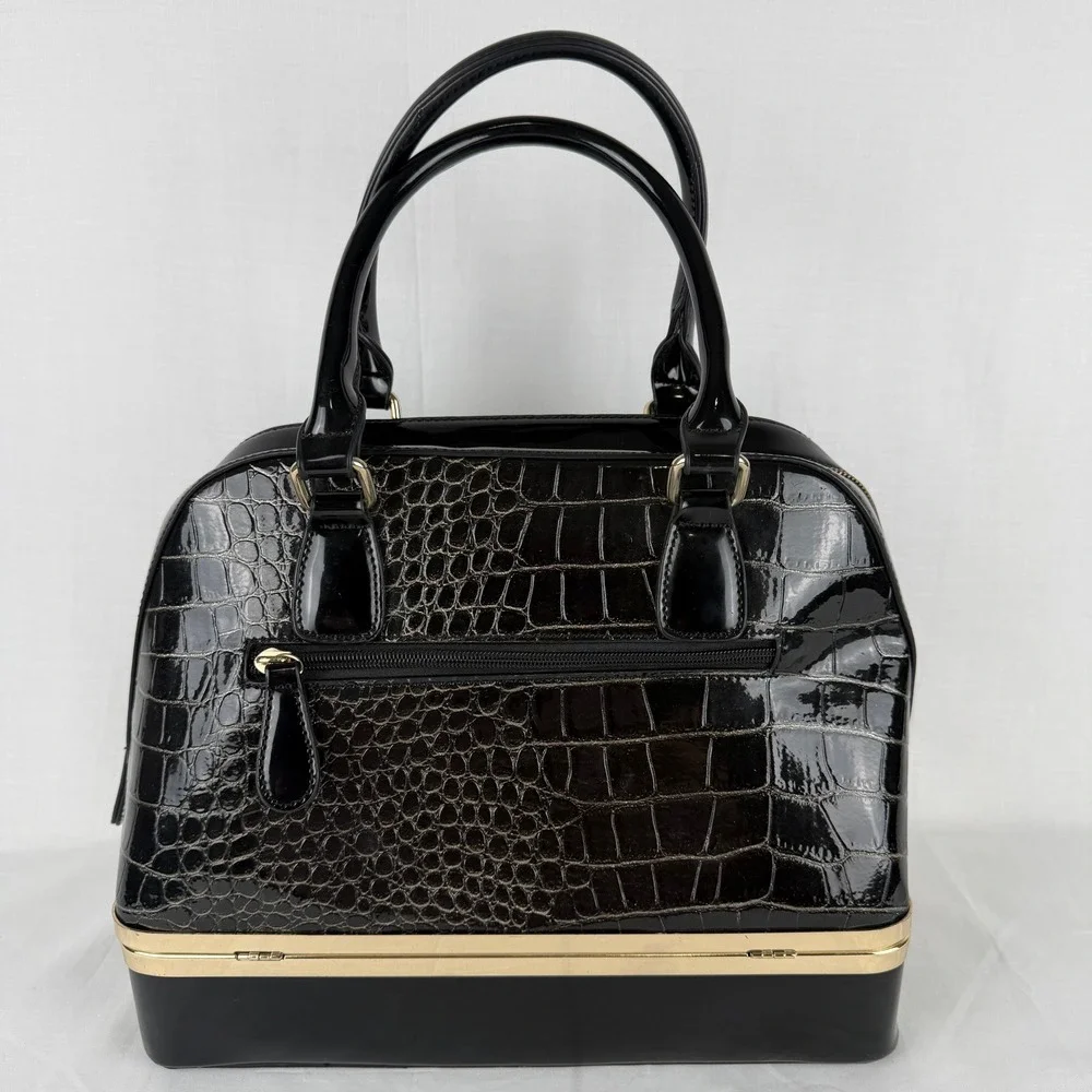 Black Patent Croc Embossed Satchel Handbag Gold Hardware Dual Compartment Bag